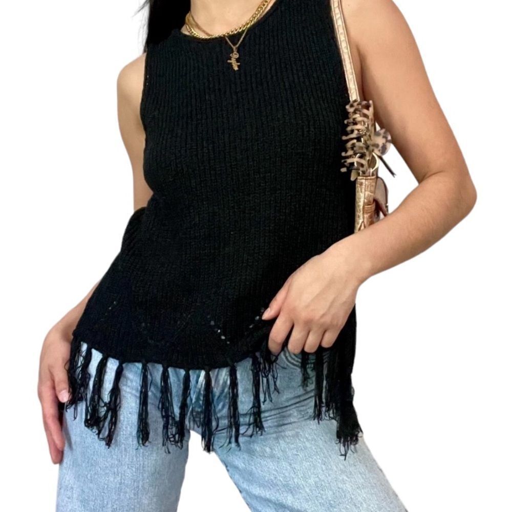 Anthropologie Pepin Black Knit Fringe Tassel Sleeveless Sweater Size Medium